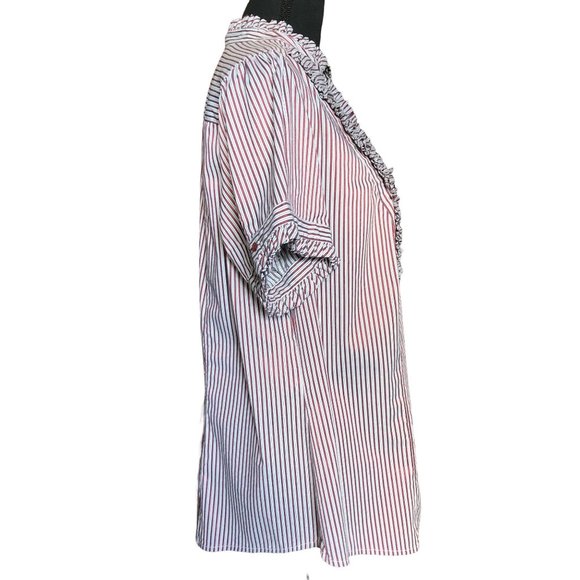 Lane Bryant Ruffle Button Up Blouse Short Sleeve Red White Stripe Size 14/16 - Picture 5 of 9